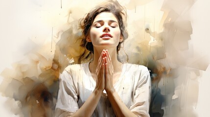 Watercolor artwork of a woman praying - obrazy, fototapety, plakaty