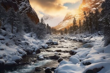 Vertical image of snowy scenery and rushing mountain river. Generative AI