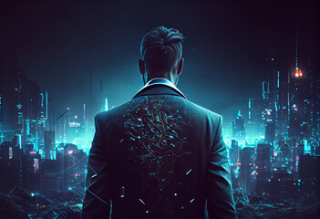 illustration of man back view look at city with money graphics .