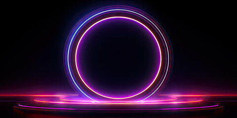 A luminous neon circle dominates the dark scene, its undulating lights.