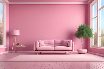 Interior of modern living room with sofa on wooden floor, Empty wall with large window in pink stylish composition