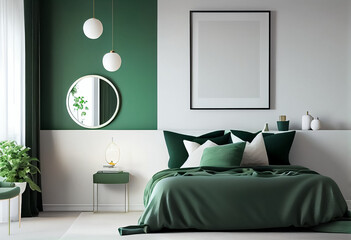 illustration of stylish modern green and white bedroom with cozy bed and empty frame on wall.