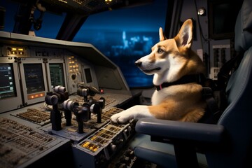Control room in an airplane with a corgi pilot and robot copilot utilizing advanced canine technology. Generative AI - obrazy, fototapety, plakaty