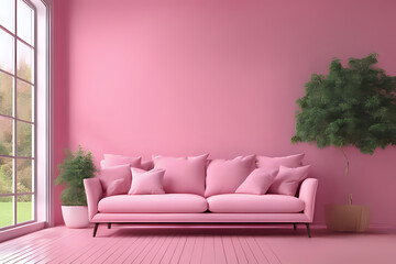 Interior of modern living room with sofa, empty wall with large window in pink stylish composition