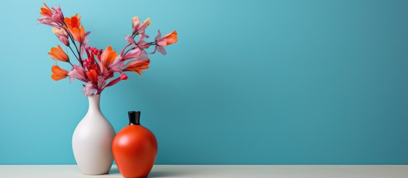 Modern interior design with vibrant flower vase depicted in a still life composition