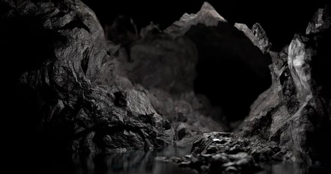 entrance to a mysterious cave, with an underground river, 3d render