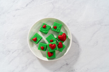 Green fudge with red hearts