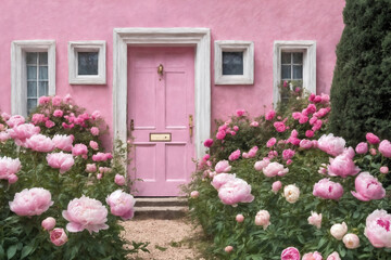 The door of the house and the flowers in front of the door. Pink door, pink wall and plants