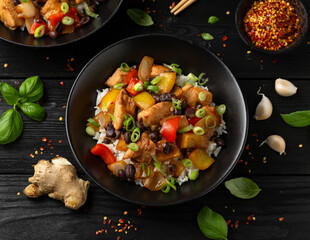 Stir fry Chicken with Black Bean, vegetables and rice