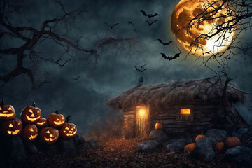 halloween night, old house in mystical forest, around pumpkins, flying bats on big full moon background, scary and fabulous, dark magic
