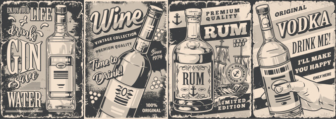 Alcoholic booze monochrome set sticker - obrazy, fototapety, plakaty