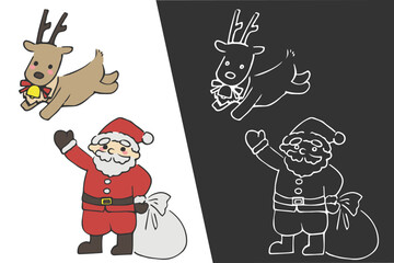 手描きのサンタクロースとトナカイ