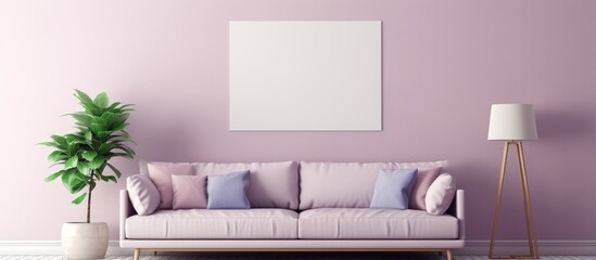 Purple minimalist living room with wall frames furniture plants poster gallery and clothes on a grunge background