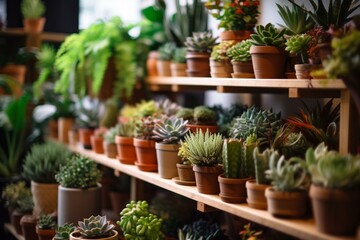 Various succulents displayed on shelves in a well-lit flower shop. Generative AI