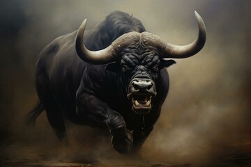Furious ebony bull in a plain backdrop. Generative AI