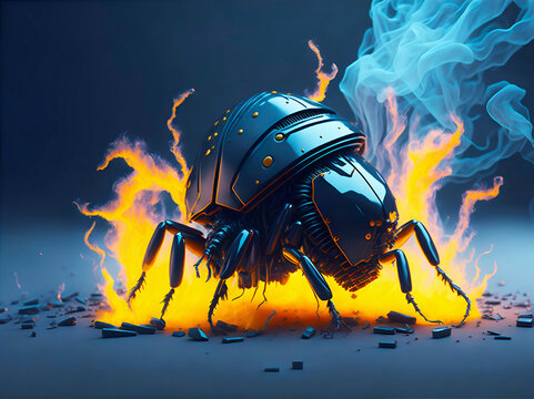 Beetle attacks and destroys electronics. Concept of computer virus and malicious software code.