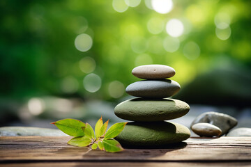 zen stones and green leaf