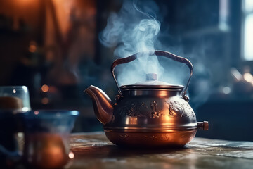 Traditional Japanese herbal tea made in a cast iron teapot with - obrazy, fototapety, plakaty