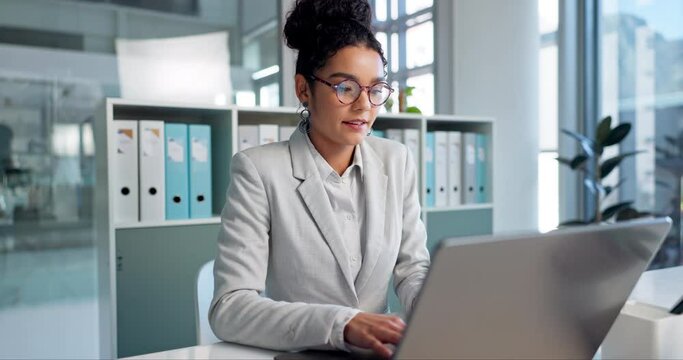 Laptop, idea and thinking business woman, legal consultant or lawyer working on research report, settlement or solution plan. Law firm, computer and professional attorney problem solving project
