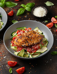 Healthy Chicken zucchini pasta with tomato sauce. Low carb, keto diet