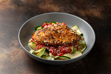 Healthy Chicken zucchini pasta with tomato sauce. Low carb, keto diet