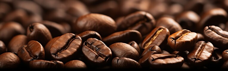 Closeup of brown roasted coffee beans on a dark background - obrazy, fototapety, plakaty