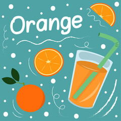 Orange and smoothie flat design with doodle elements on the background. Includes a fruit orange and pieces, a glass of orange smoothie, straw, doodle elements such as swirls, circles and lines.