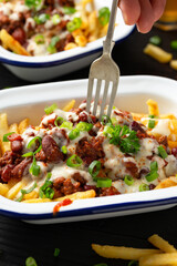 Chili Cheese Potato Fries topped with hot minced beef and cheese sauce