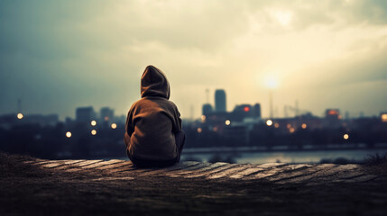 Close up of a lonely man looking at city lights - obrazy, fototapety, plakaty