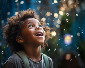 Light-Hearted Moments of Childhood: Black African American Boy's Awe & Pleasure with Floating Bubbles. Generative AI. - obrazy, fototapety, plakaty
