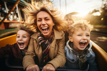 Excited mother and her two children experience joy on rollercoaster  - obrazy, fototapety, plakaty