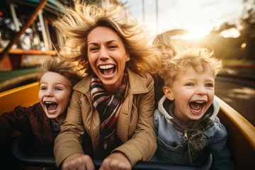 Tuinposter Excited mother and her two children experience joy on rollercoaster  © AI Petr Images