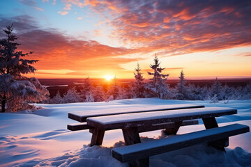 Snow-covered wooden table at sunset in a wintry scene with an available seat 