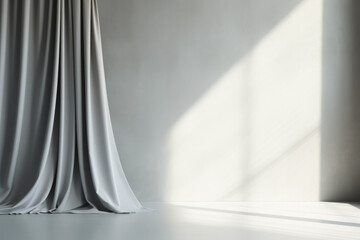 Minimalistic abstract backdrop with gentle grey tone and window curtain shadows 