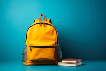 School Supplies protruding from a backpack on a blue background illustrating the Back to School idea 