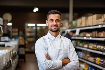 Fototapeta premium Cheerful young employee in grocery store smiling at the camera 