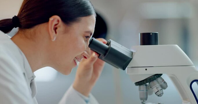 Science, research and woman with microscope, smile and biotech data report in laboratory. Medical innovation, scientist or lab technician in study for healthcare, medicine and vaccine test feedback.