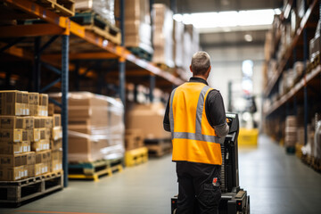 A skilled worker in uniform operates a pallet jack in warehouse 