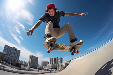 Skateboarder doing a trick on a skatepark ramp. Extreme sport, adrenaline, active leisure. Generative AI