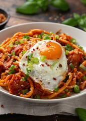 Kimchi Fried Udon Noodle with Fried Egg and bacon. Korean food.