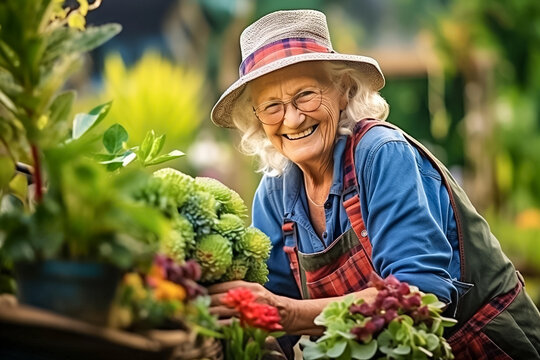 Portrait of happy elderly woman working in her garden at summer day. Generative AI