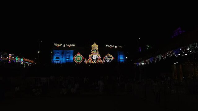 Panoramic view of illuminated lights decorating the famous Tirupati Balaji Temple