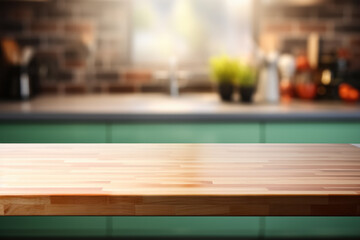 Fototapeta na wymiar Blur kitchen room background with wooden table top contemporary green interior 