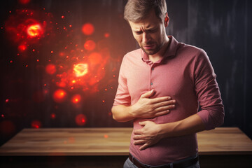 Fire-like epigastric pain causing discomfort in the stomach region  - obrazy, fototapety, plakaty