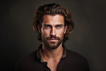Fototapeta premium Handsome man studio portrait, simple dark background. AI generated