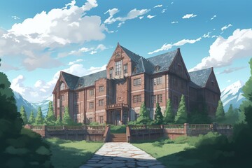 Anime-styled high-resolution illustration of a school or academy setting. Generative AI
