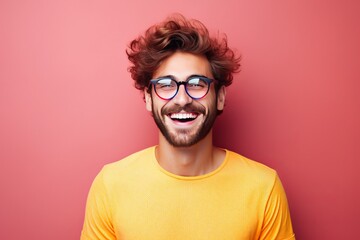 Obraz premium Handsome happy young man in glasses studio portrait, bright color background. AI generated