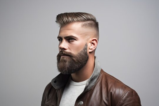 Handsome man with an undercut hairstyle and beard studio portrait, simple dark background. AI generated