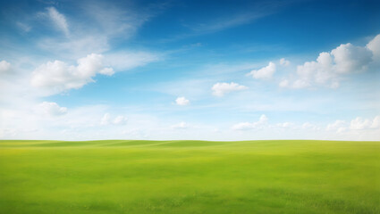 Beautiful minimalist idyllic natural landscape with green mowed grass meadow and blue textured sky with white clouds.AI - obrazy, fototapety, plakaty