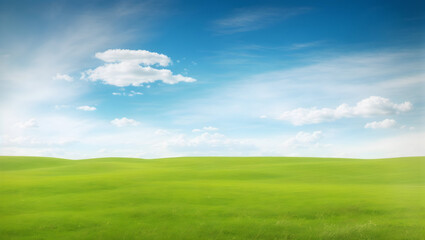 Fototapeta na wymiar Beautiful minimalist idyllic natural landscape with green mowed grass meadow and blue textured sky with white clouds.AI